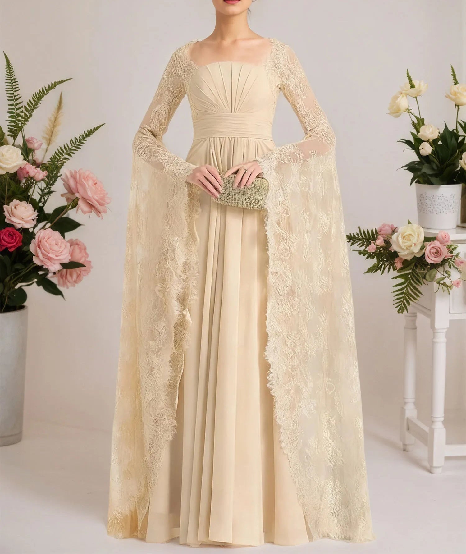 A-line Square Floor-Length Chiffon Lace Evening Dress With Beading Pleated