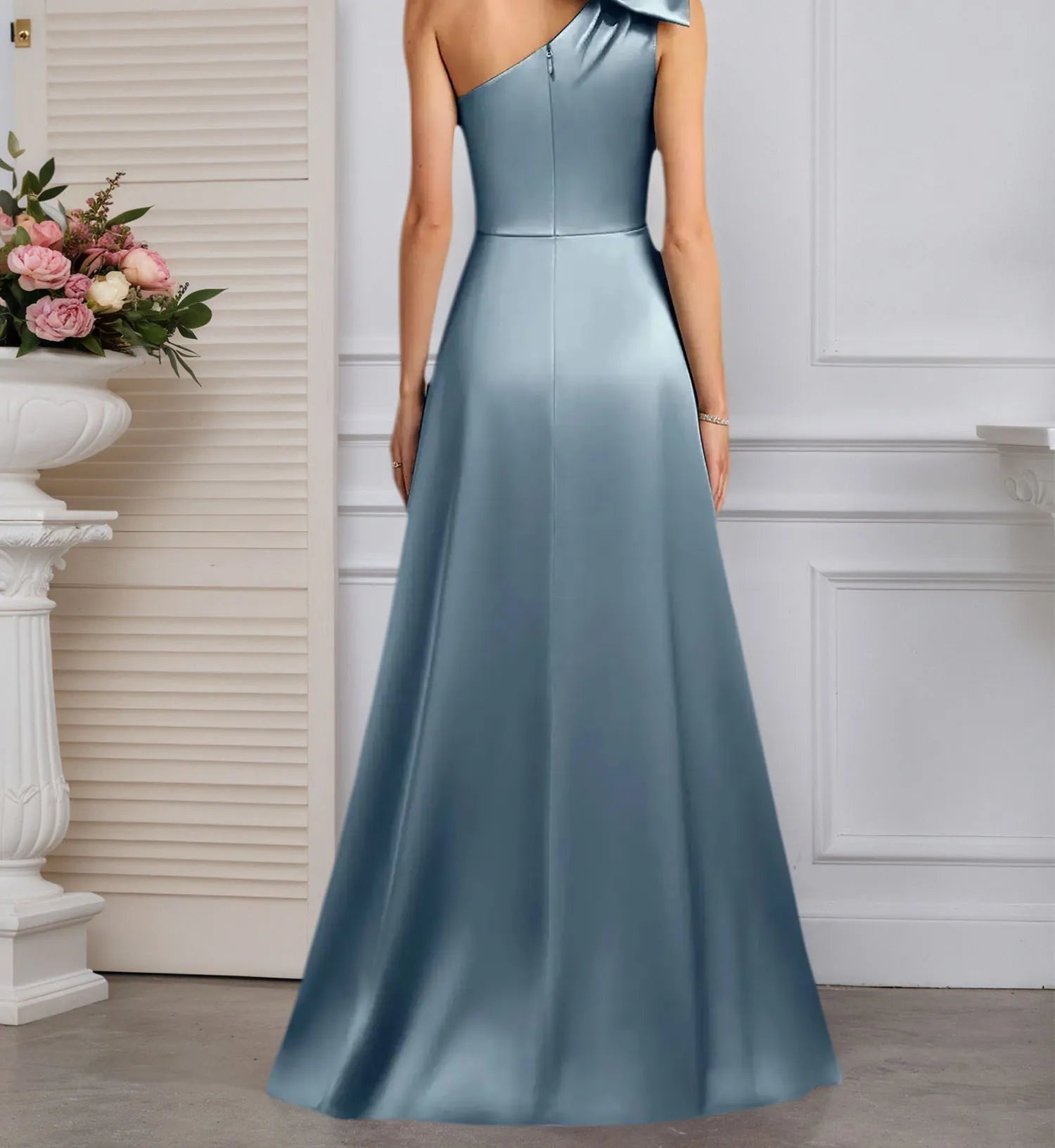 A-Line One Shoulder Stretch Satin Mother Of The Bride Dress With Bow