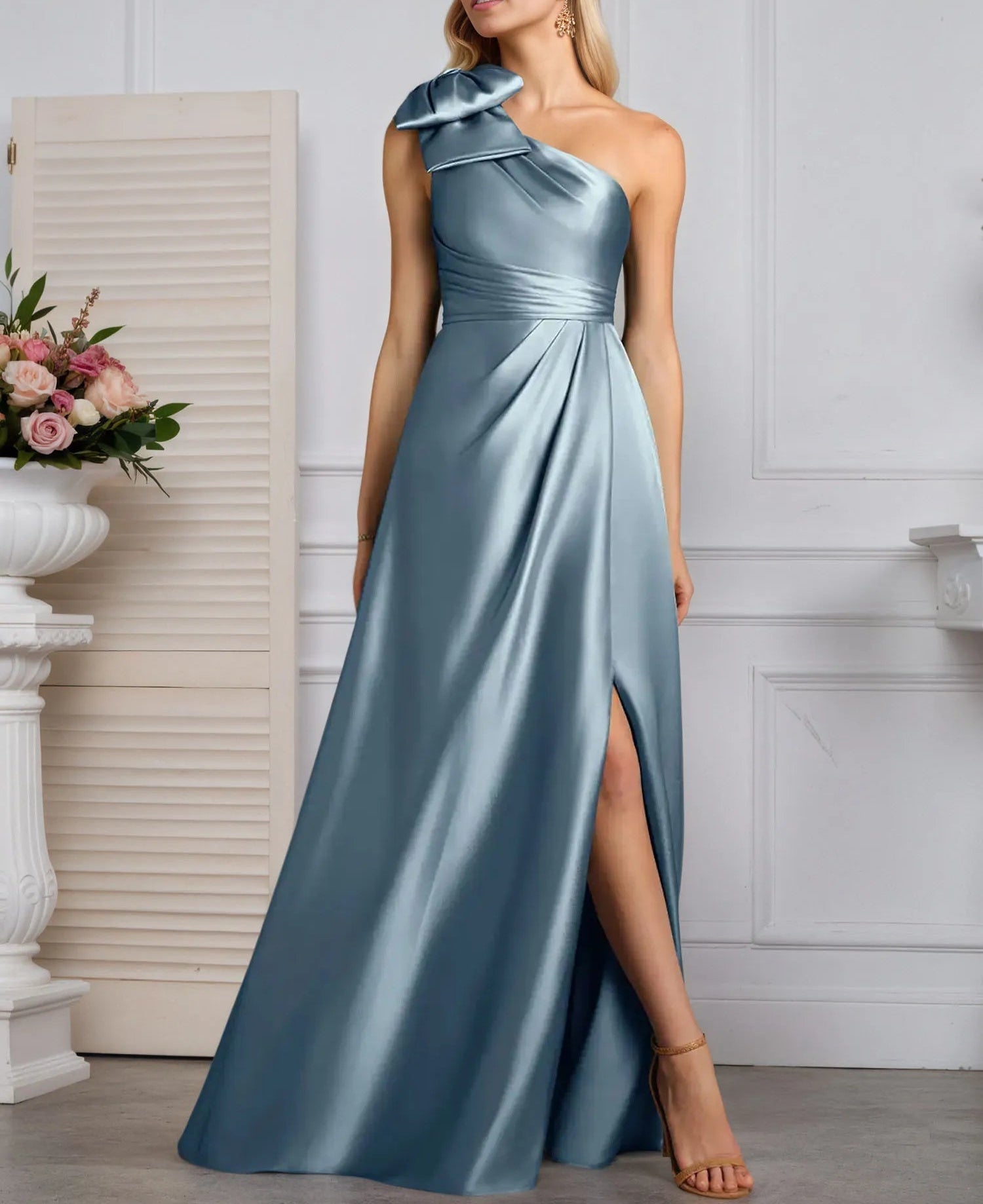 A-Line One Shoulder Stretch Satin Mother Of The Bride Dress With Bow