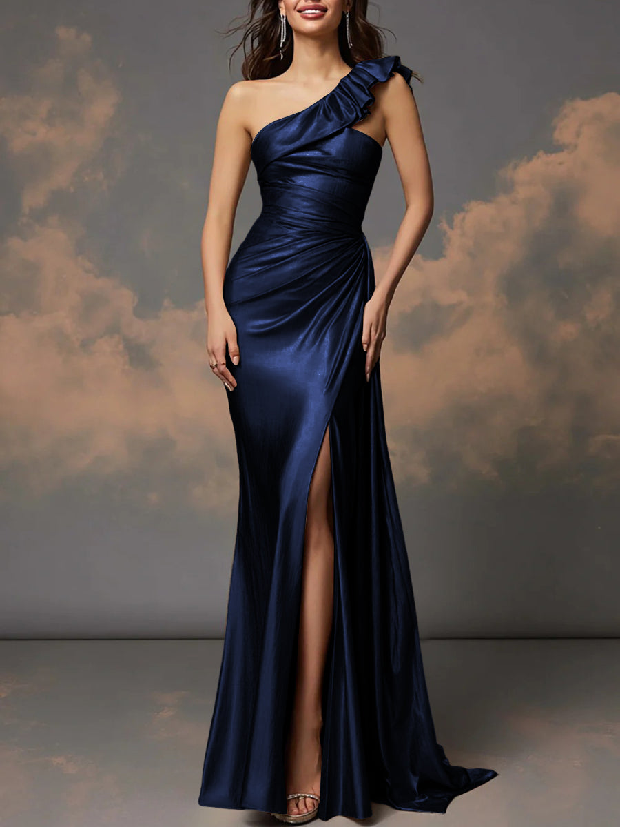 Ruffle One Shoulder Ruched Metallic Long Prom Dresses Sheath/Column Ball Gowns with Train