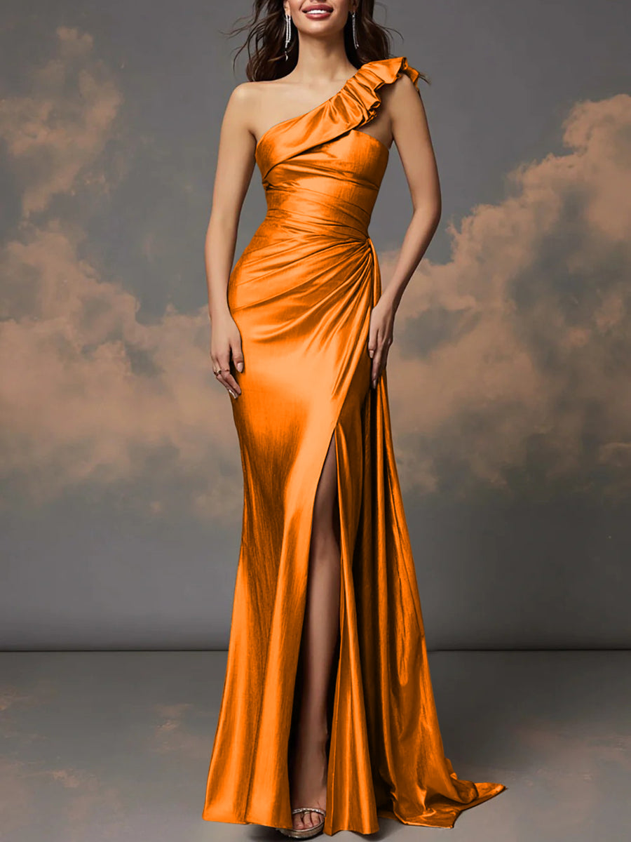 Ruffle One Shoulder Ruched Metallic Long Prom Dresses Sheath/Column Ball Gowns with Train
