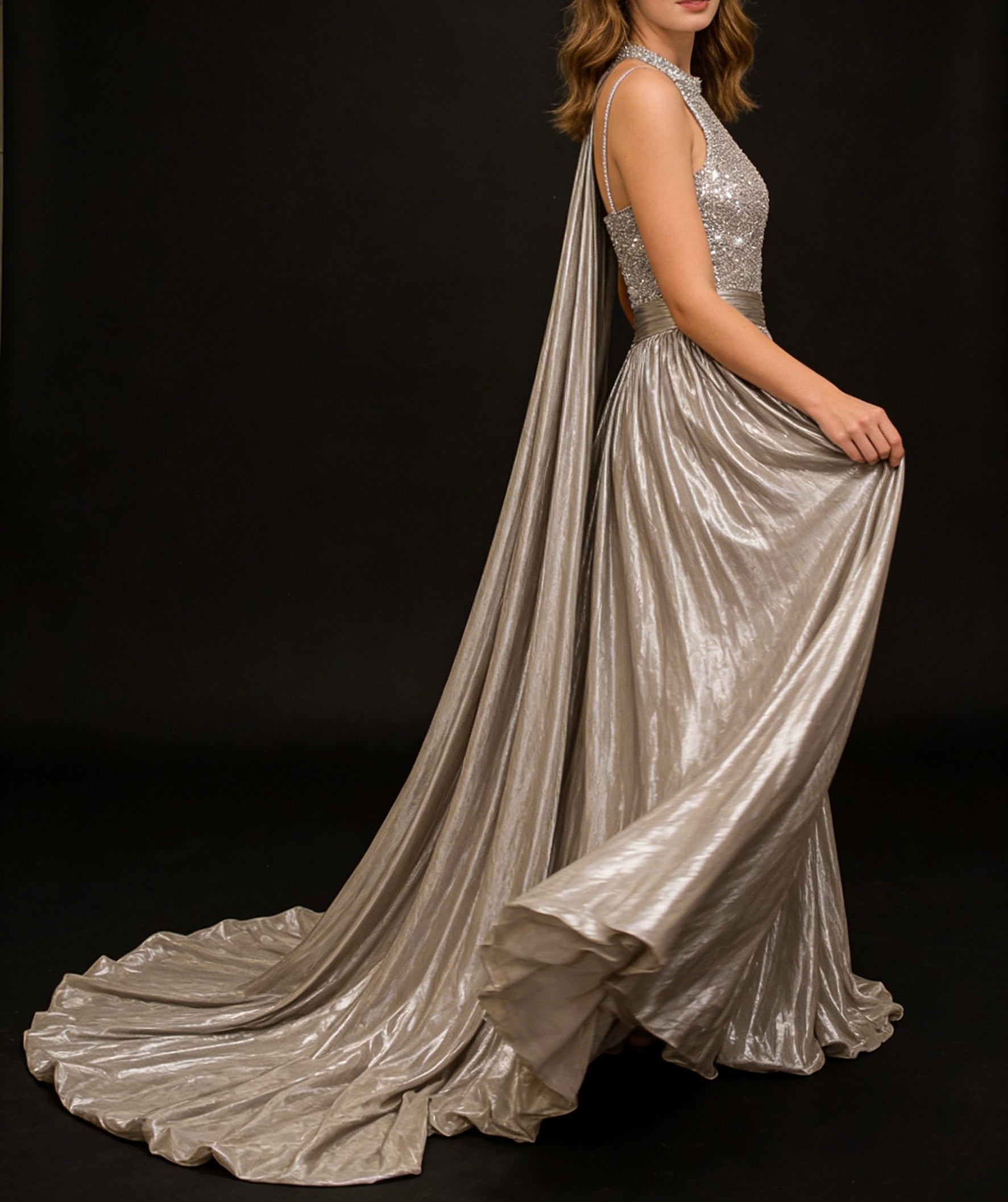 Jumpsuits Sequin V-Neck Sparkly Long Prom Dresses with Cape