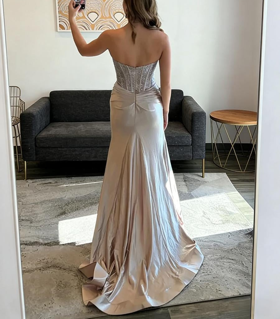 Simple Sparkly Beading Sweetheart Ruched Corset Long Prom Dresses with Satin