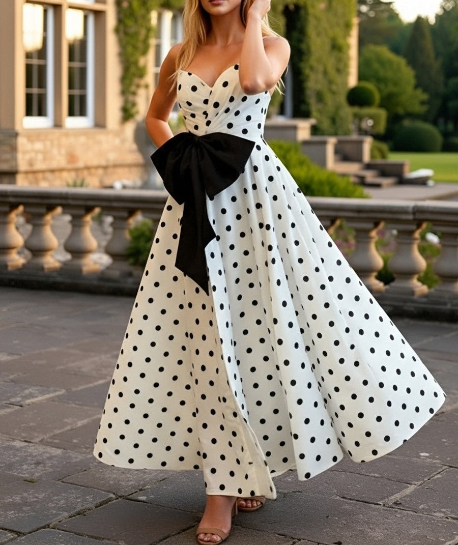 Mermaid Plunging Neck Polka Dot Floor Length Prom Dresses with Bow