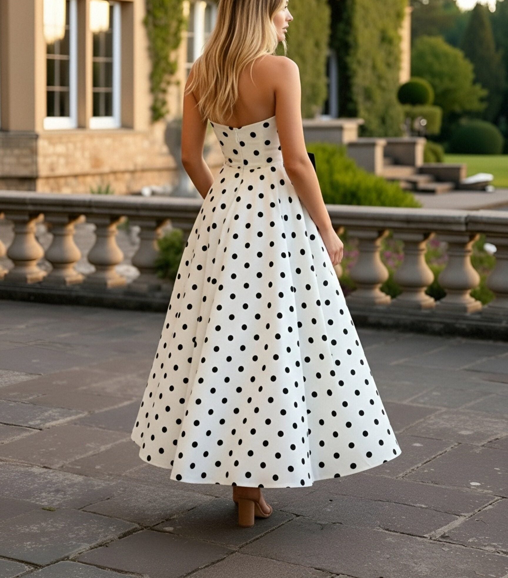 Mermaid Plunging Neck Polka Dot Floor Length Prom Dresses with Bow