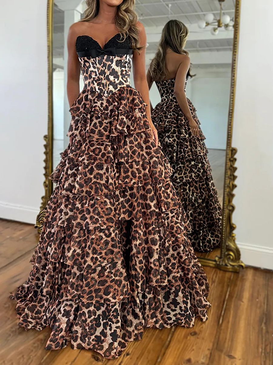 A-Line/Princess Strapless Sweetheart Tiered Ruffles Prom Dresses with Bow