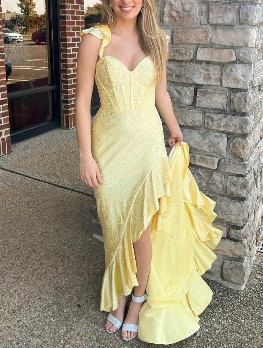 A-Line/Princess Ruffle Sleeve Floor-Length Formal Prom Dresses with Beads