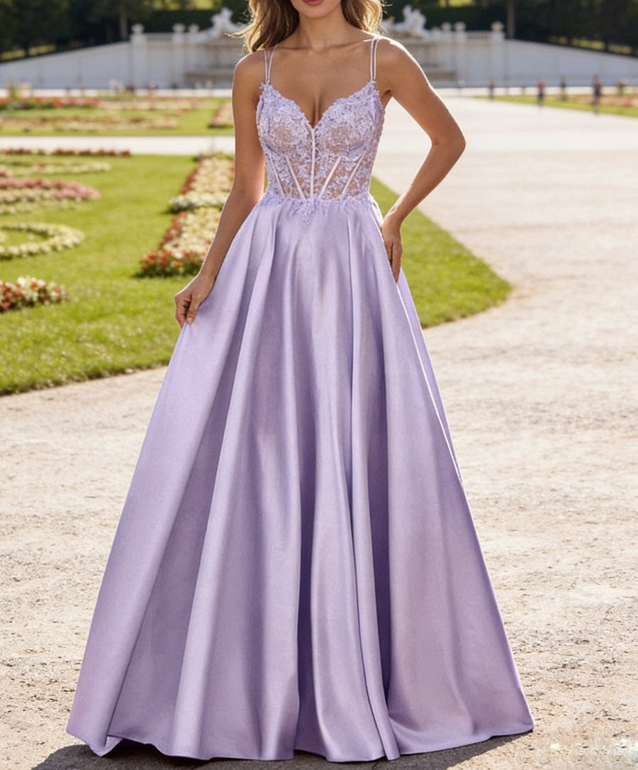 A-Line/Princess V-Neck Satin Floor-Length Prom Dresses with Lace Illusion Corset