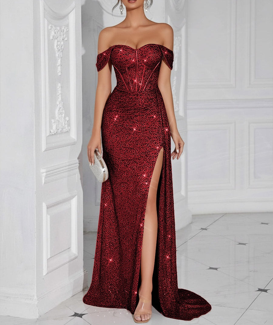 Vintage Mermaid Off Shoulder Corset Long Prom Dresses with Slit