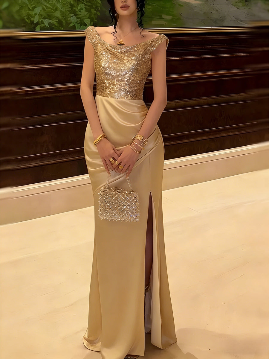 Glitter Sequin Long Prom Dresses Ruched Satin Formal Dress