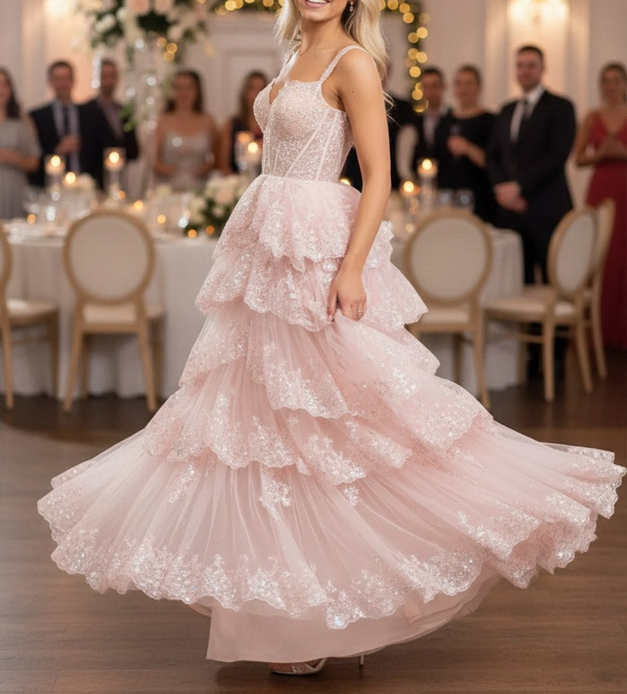 A-Line/Princess Tiered Off Shoulder Floor-Length Corset Prom Dresses with Sequin