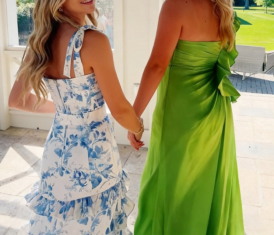 Ruffle A Line/Princess Floral Bow Straps Tiered Prom Dresses with Belt