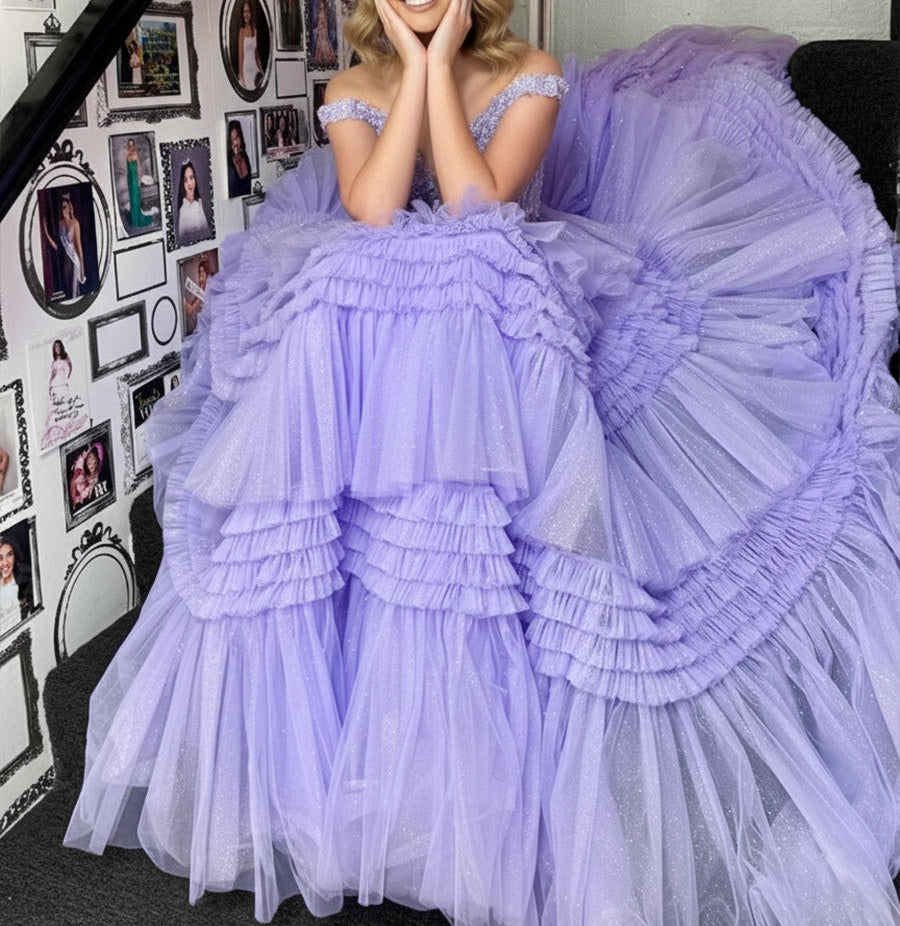 A Line/Princess Off Shoulder Floor-Length Prom Dresses with Tiered Ruffles
