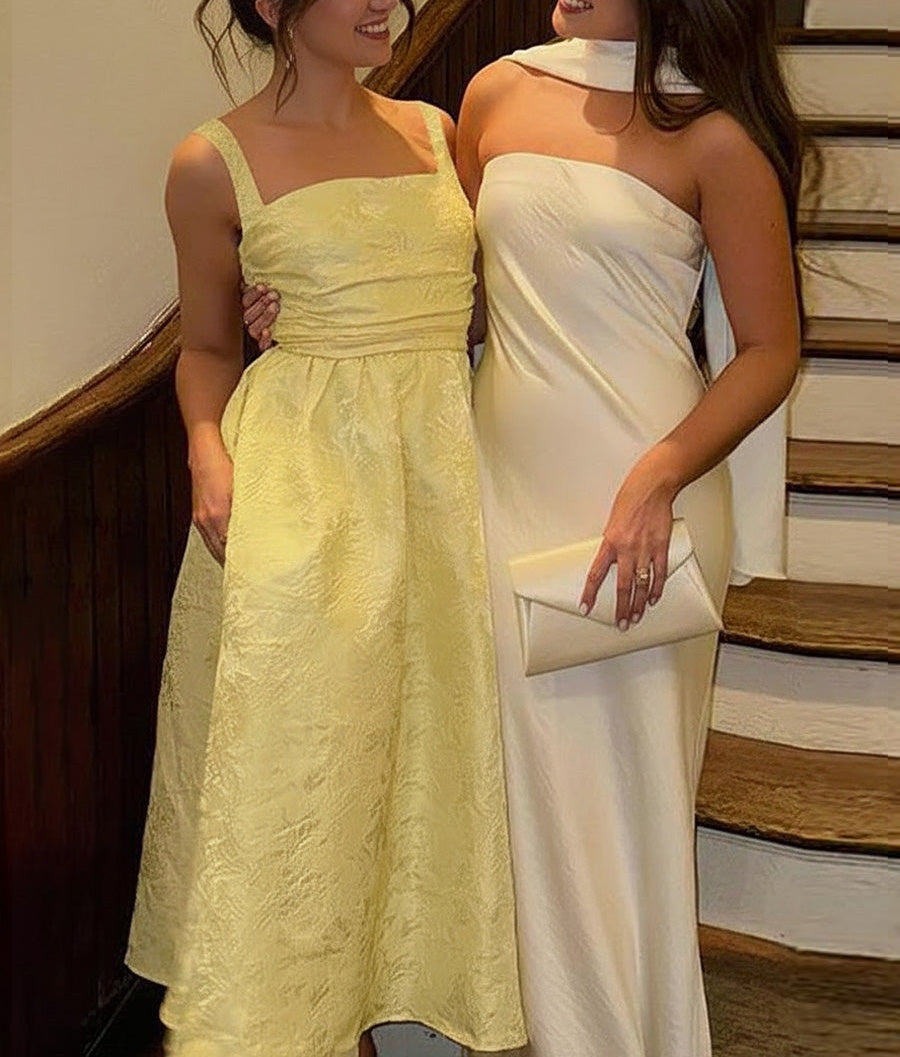 Vintage Spaghetti Strap Midi Prom Dresses with Floral Jacquard