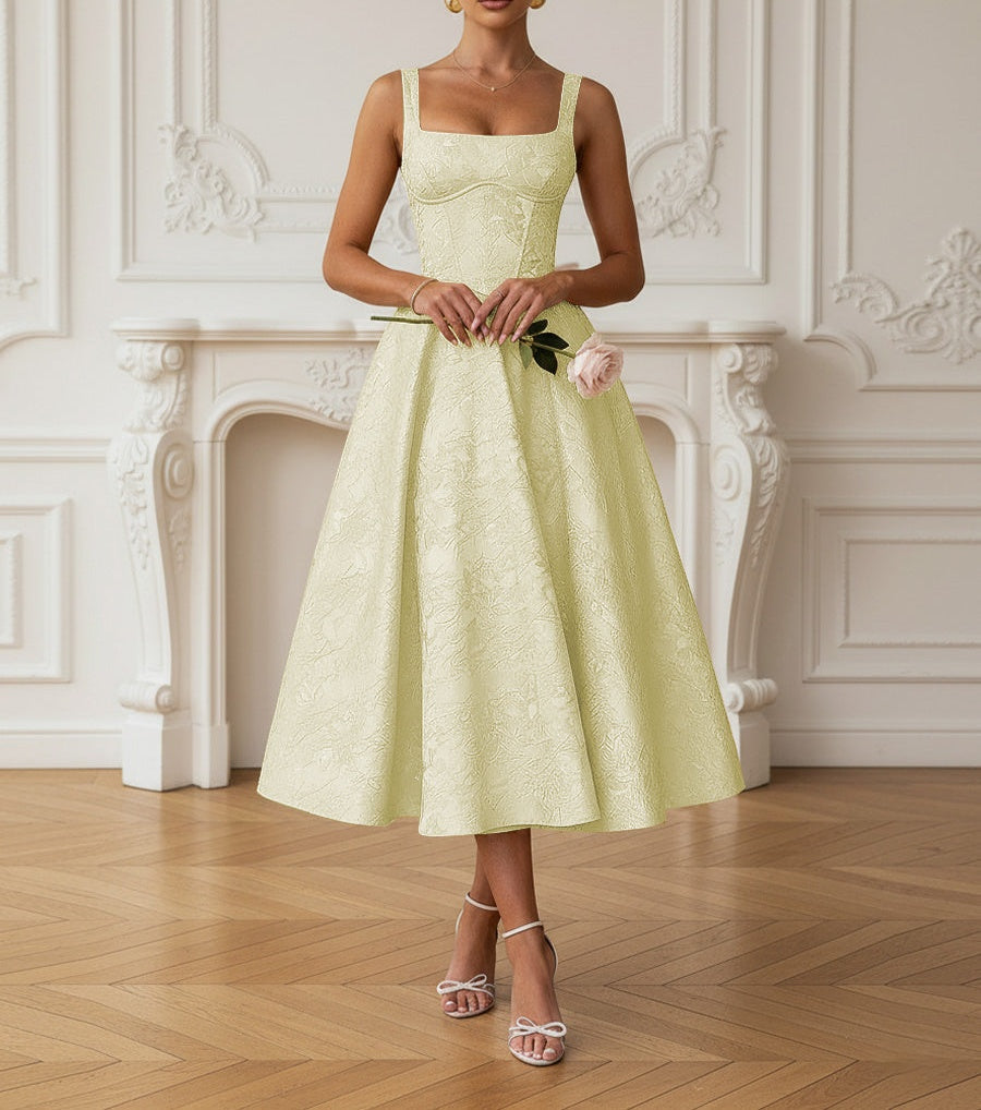 Vintage Spaghetti Strap Midi Prom Dresses with Floral Jacquard