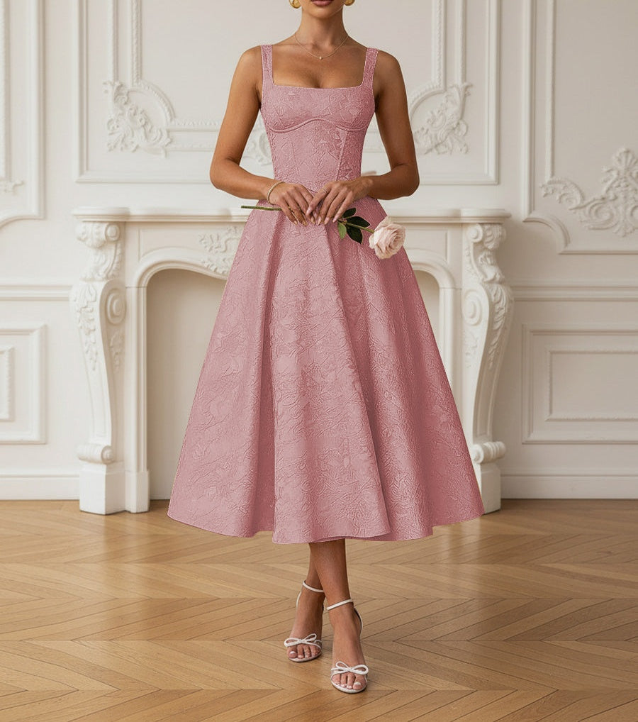 Vintage Spaghetti Strap Midi Prom Dresses with Floral Jacquard