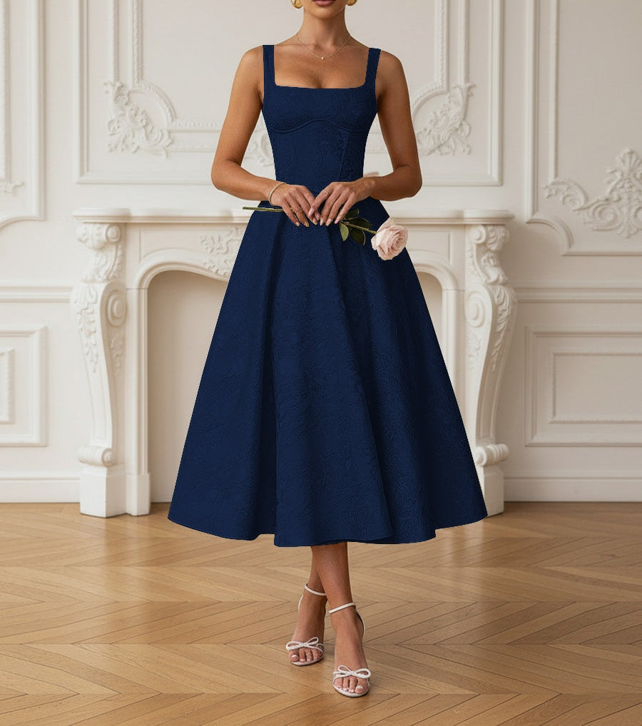 Vintage Spaghetti Strap Midi Prom Dresses with Floral Jacquard