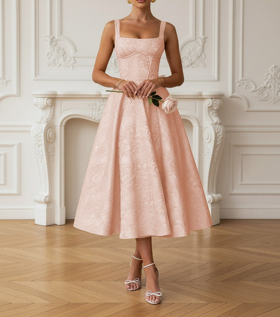 Vintage Spaghetti Strap Midi Prom Dresses with Floral Jacquard