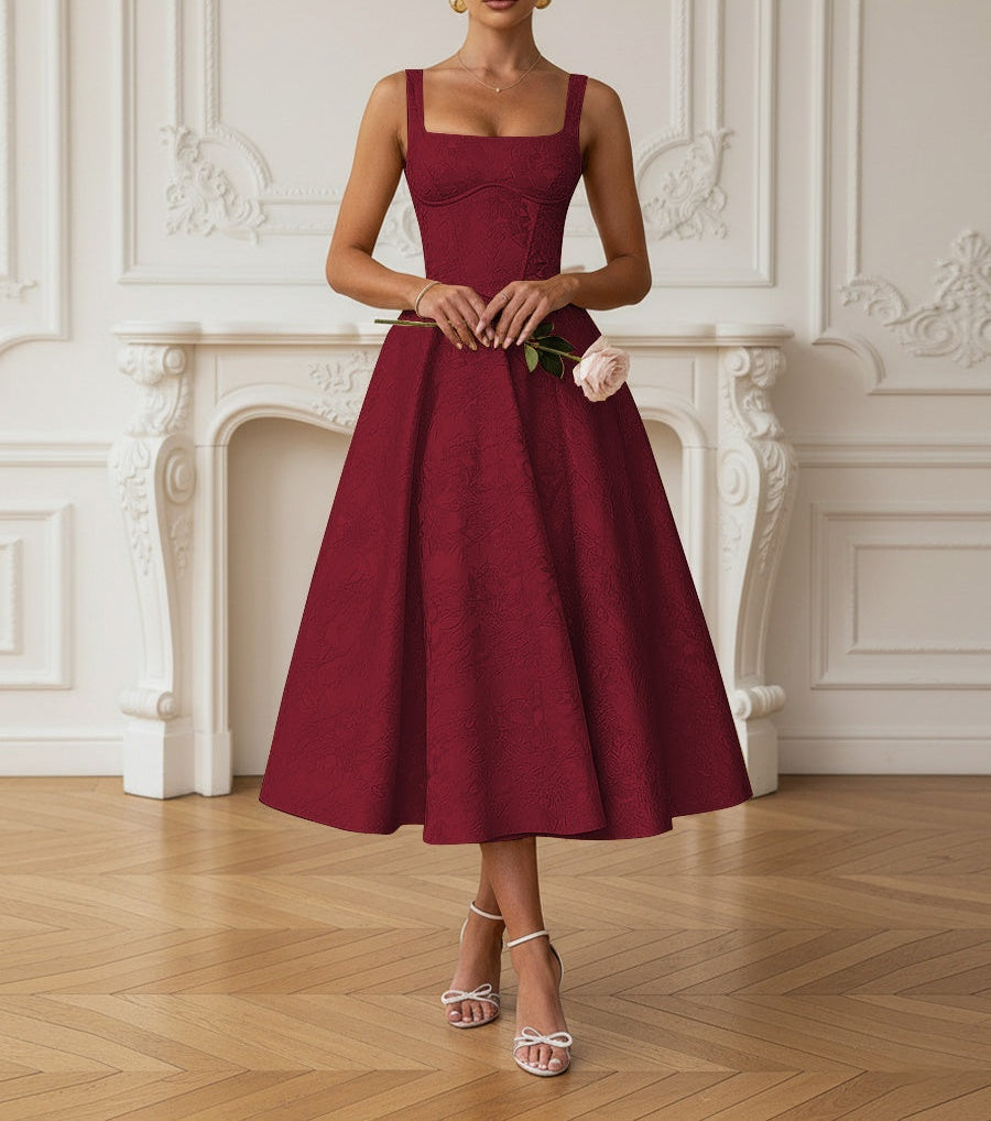 Vintage Spaghetti Strap Midi Prom Dresses with Floral Jacquard