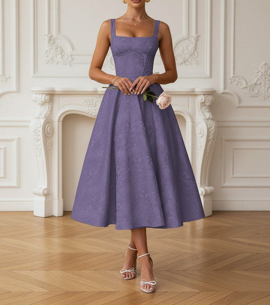 Vintage Spaghetti Strap Midi Prom Dresses with Floral Jacquard