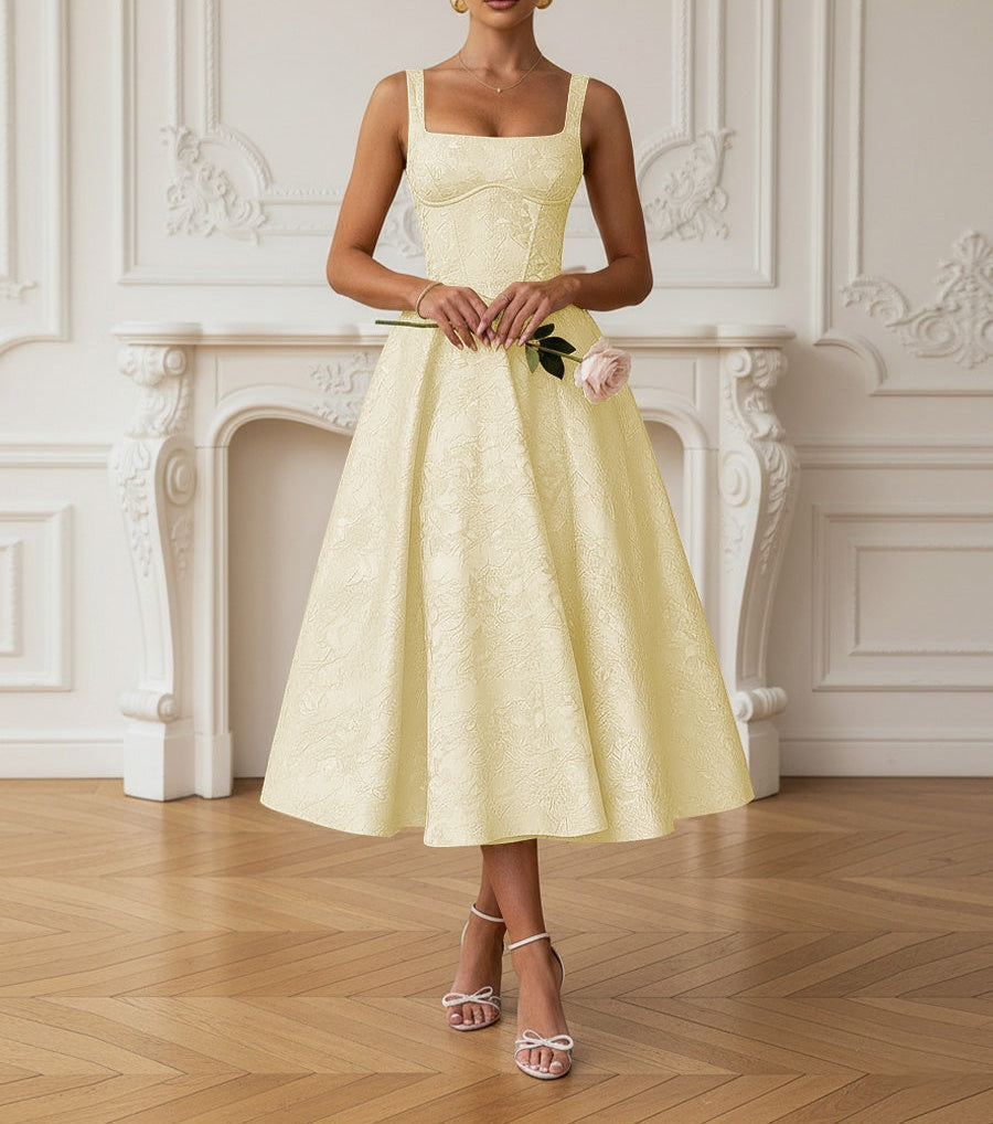 Vintage Spaghetti Strap Midi Prom Dresses with Floral Jacquard