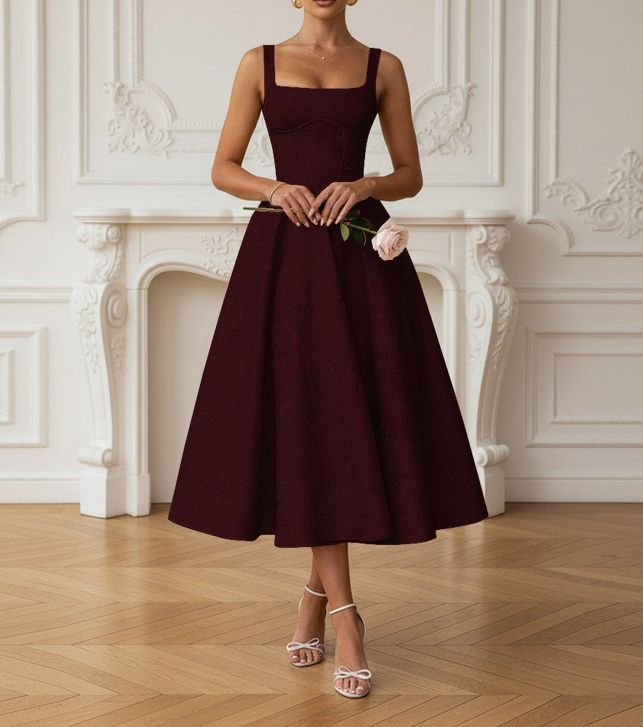 Vintage Spaghetti Strap Midi Prom Dresses with Floral Jacquard