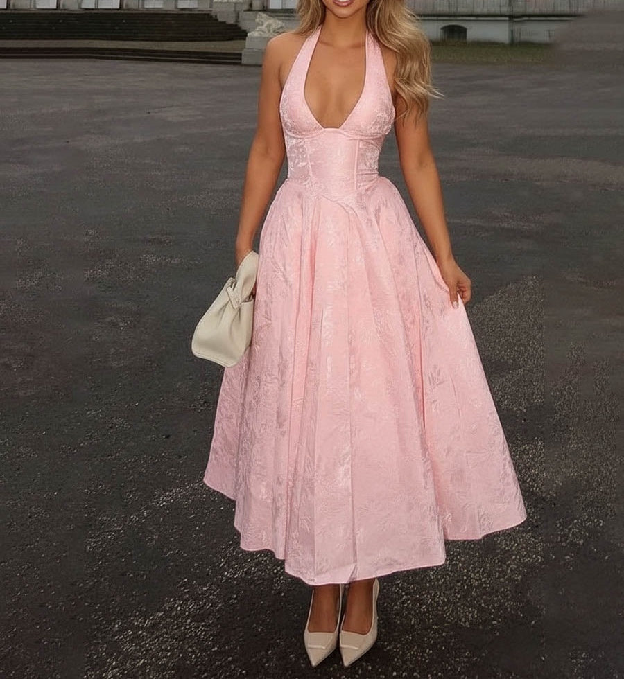 Vintage Jacquard Halter Midi Prom Dresses for Women with A Line Hem