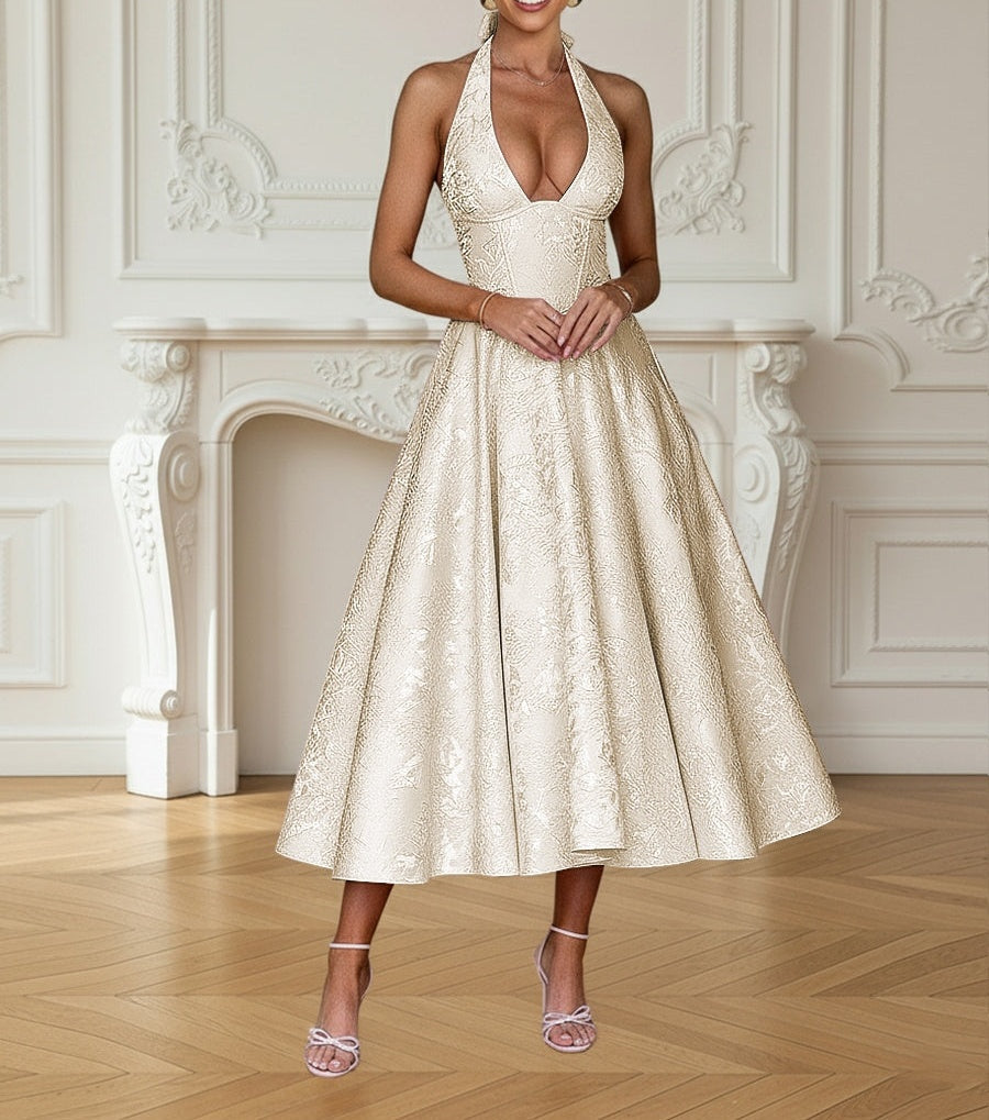 Vintage Jacquard Halter Midi Prom Dresses for Women with A Line Hem