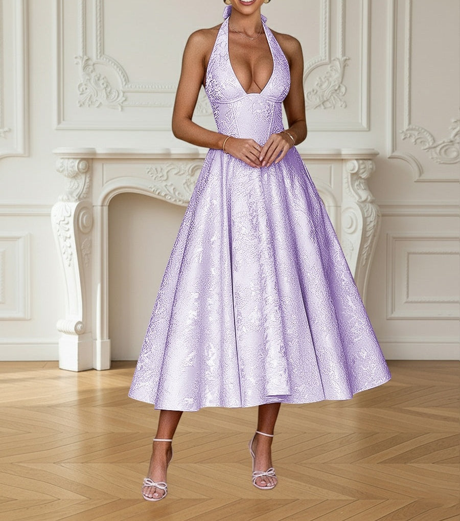 Vintage Jacquard Halter Midi Prom Dresses for Women with A Line Hem