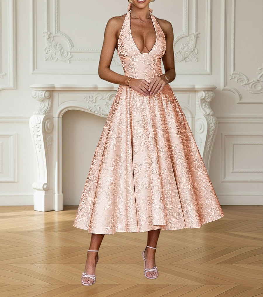 Vintage Jacquard Halter Midi Prom Dresses for Women with A Line Hem
