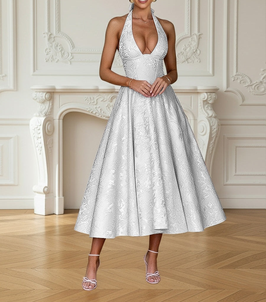 Vintage Jacquard Halter Midi Prom Dresses for Women with A Line Hem