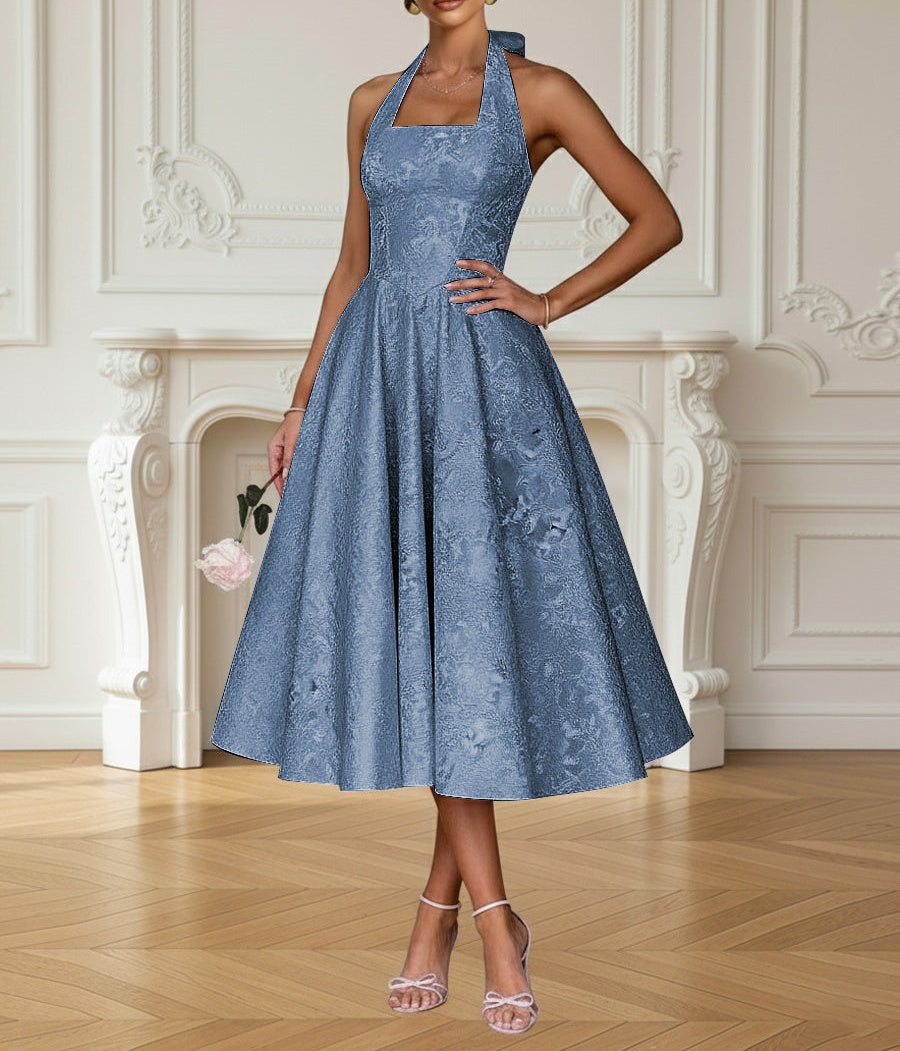 Vintage A Line Halter Midi Prom Dresses with Floral Jacquard