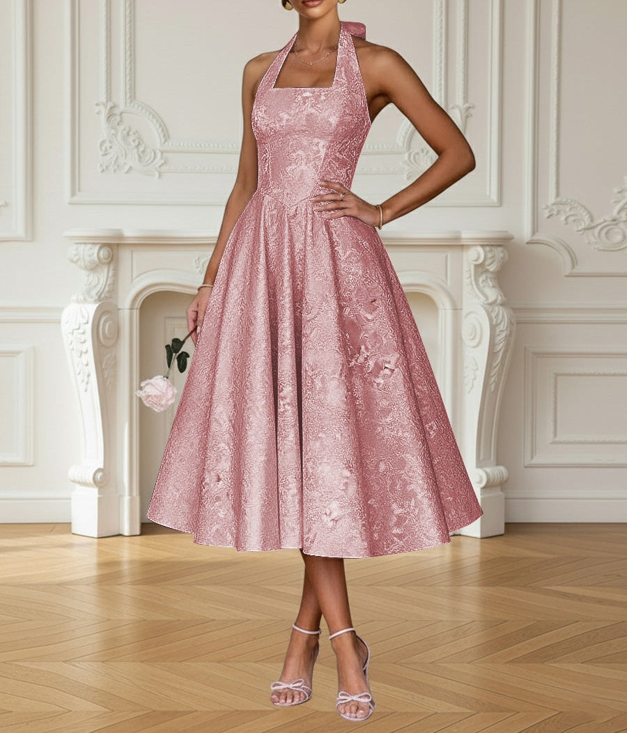 Vintage A Line Halter Midi Prom Dresses with Floral Jacquard