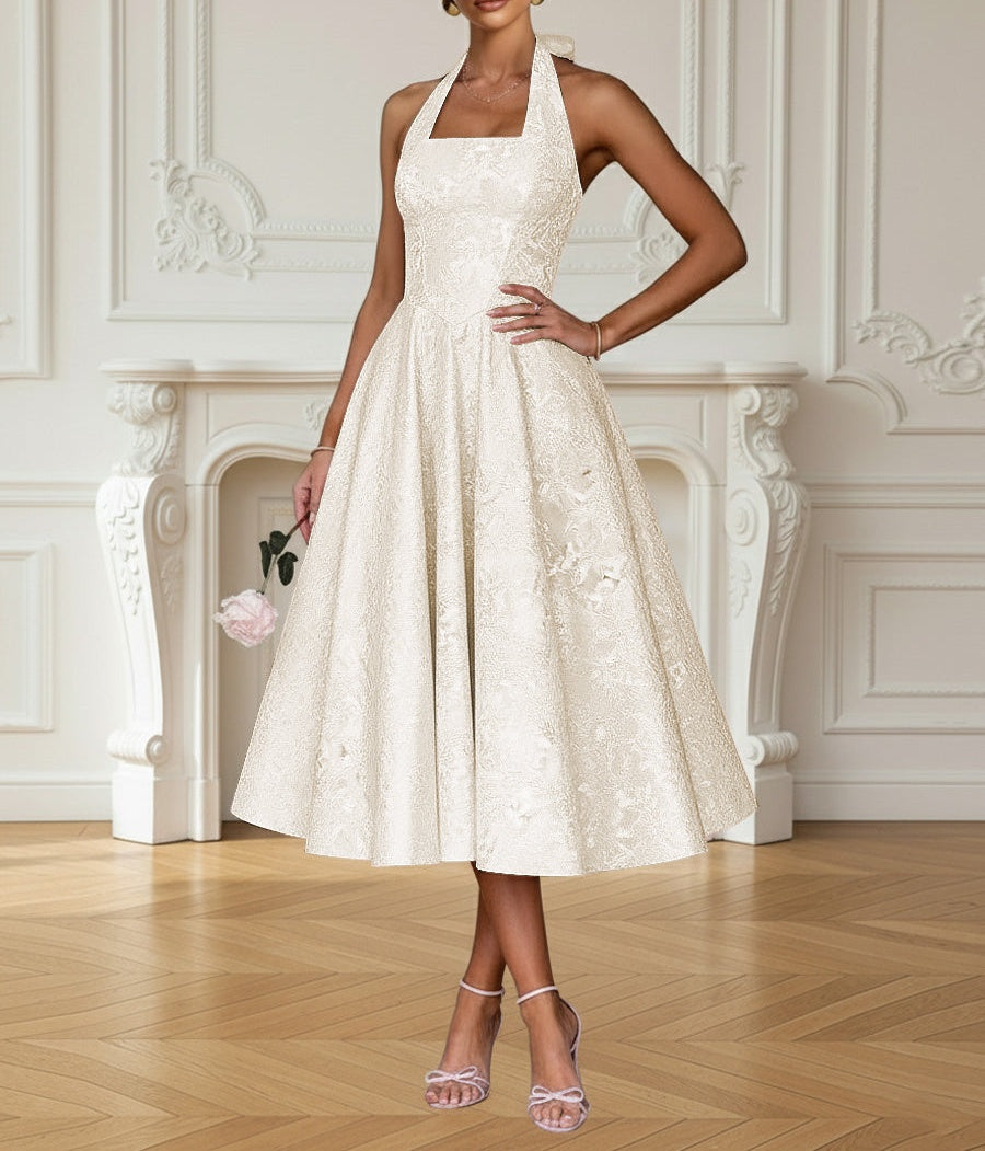 Vintage A Line Halter Midi Prom Dresses with Floral Jacquard