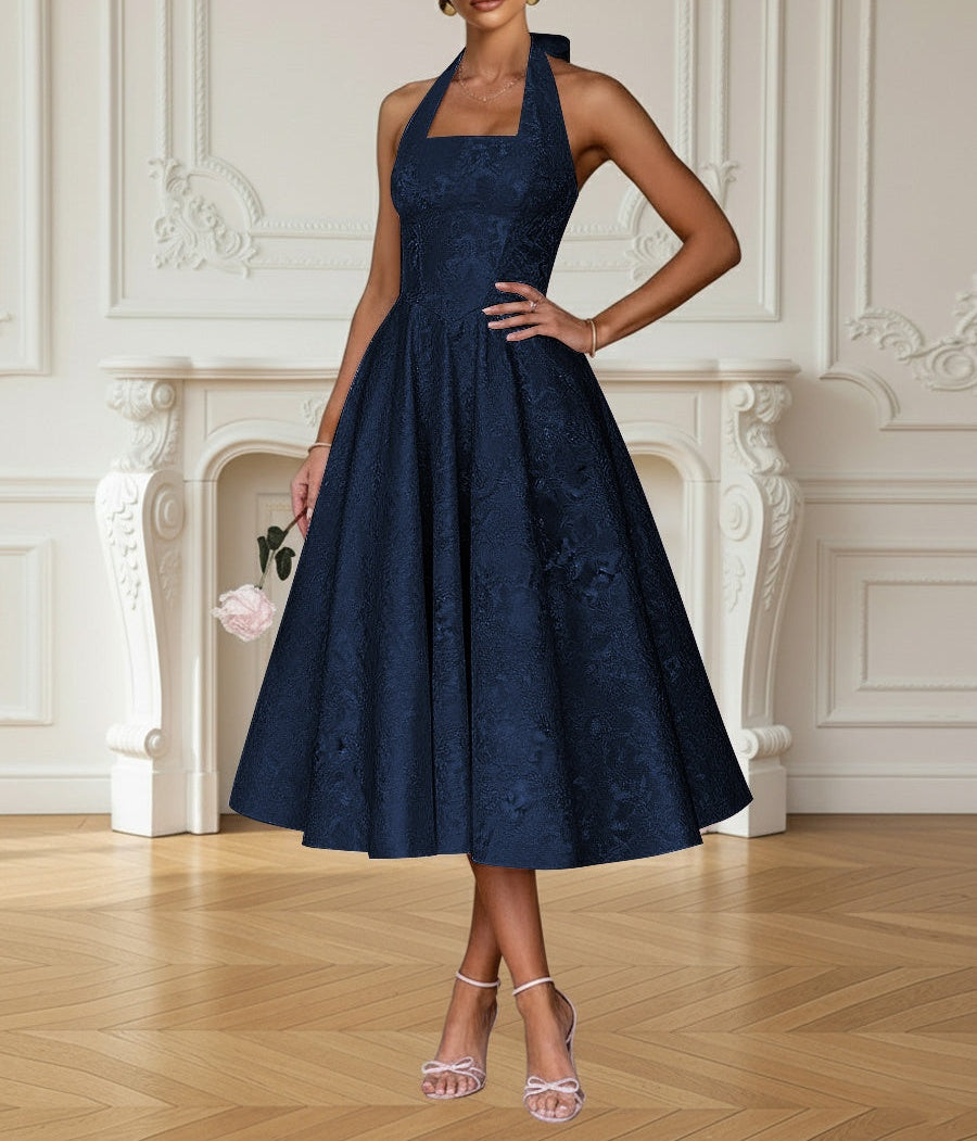 Vintage A Line Halter Midi Prom Dresses with Floral Jacquard