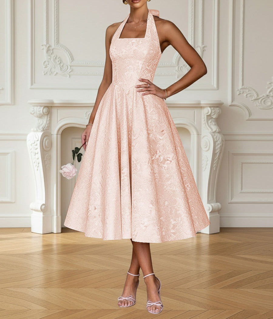 Vintage A Line Halter Midi Prom Dresses with Floral Jacquard