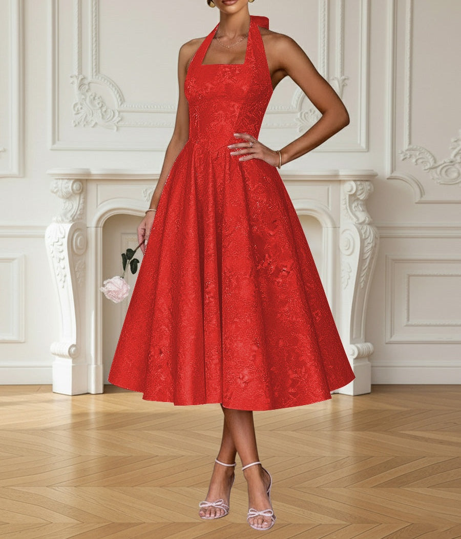 Vintage A Line Halter Midi Prom Dresses with Floral Jacquard