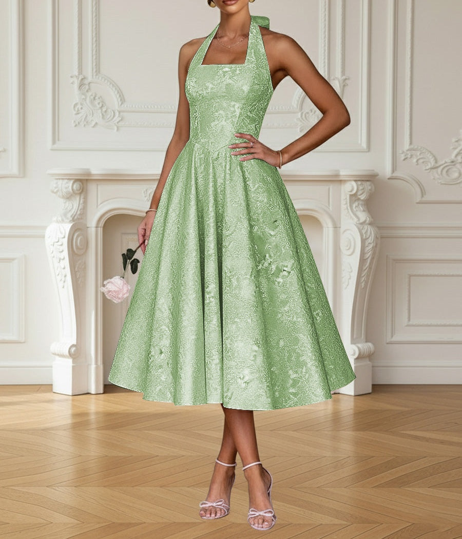 Vintage A Line Halter Midi Prom Dresses with Floral Jacquard