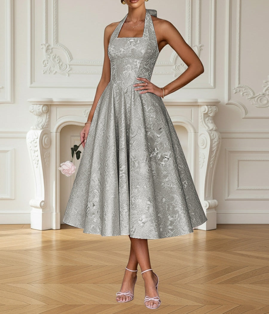 Vintage A Line Halter Midi Prom Dresses with Floral Jacquard