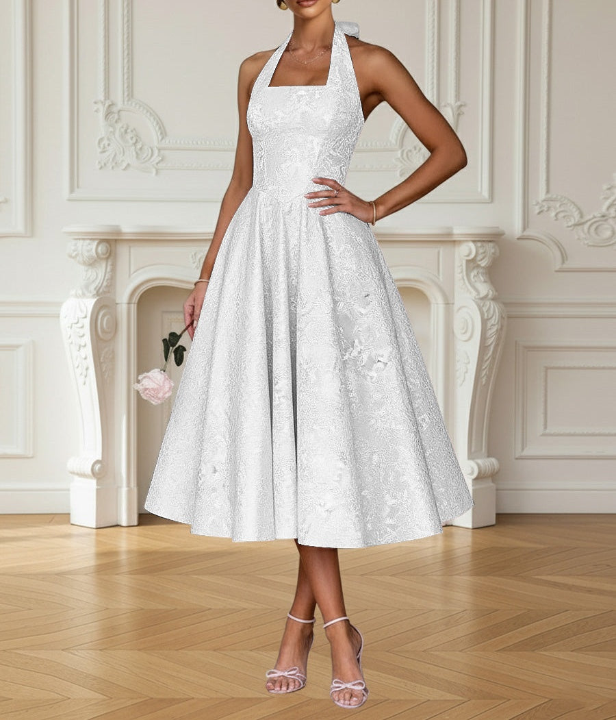 Vintage A Line Halter Midi Prom Dresses with Floral Jacquard