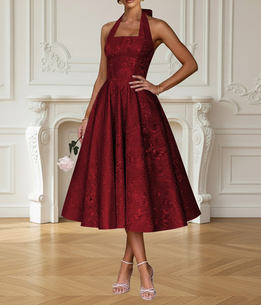 Vintage A Line Halter Midi Prom Dresses with Floral Jacquard