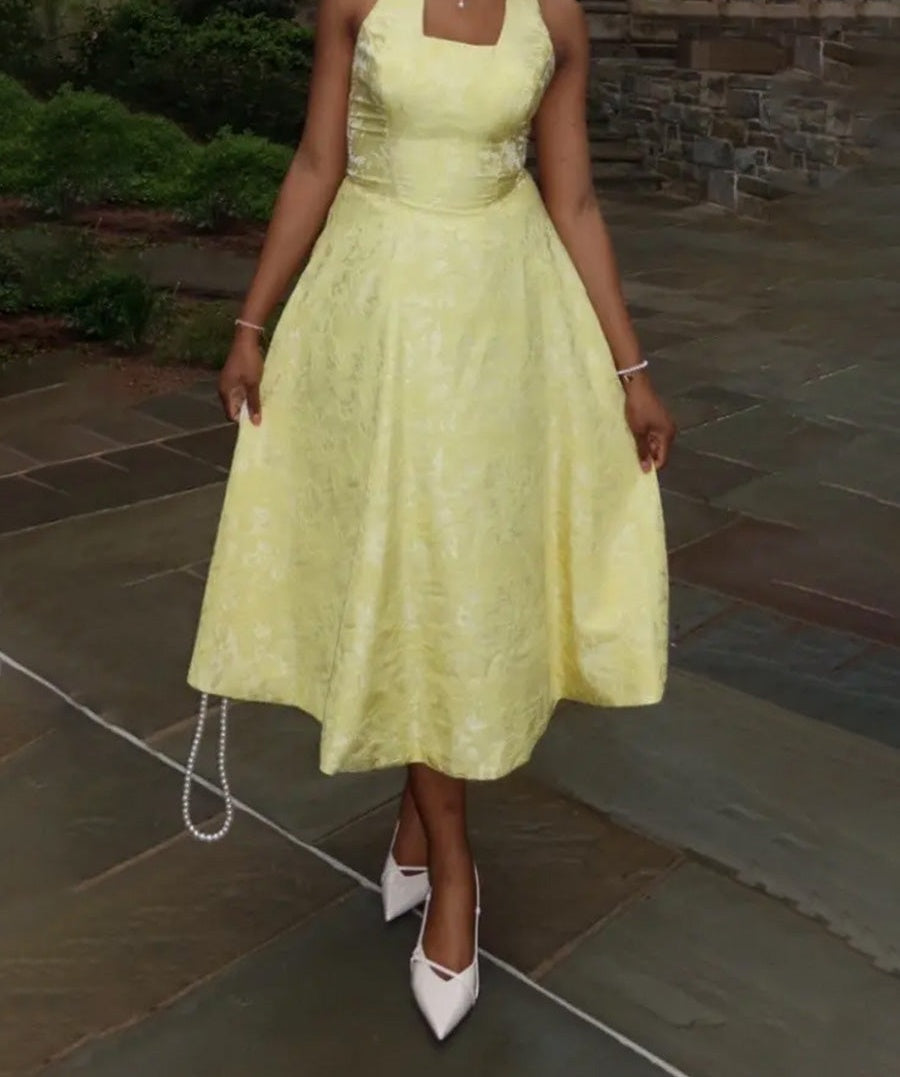 Vintage A Line Halter Midi Prom Dresses with Floral Jacquard