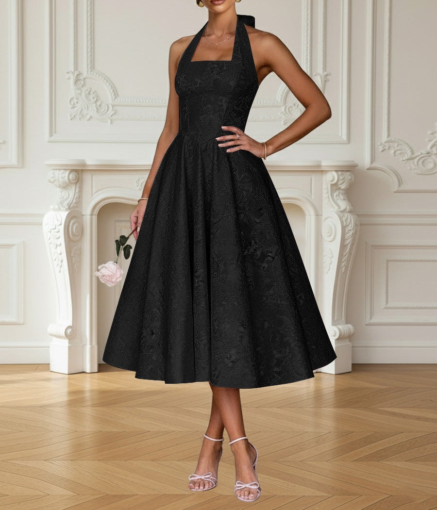 Vintage A Line Halter Midi Prom Dresses with Floral Jacquard