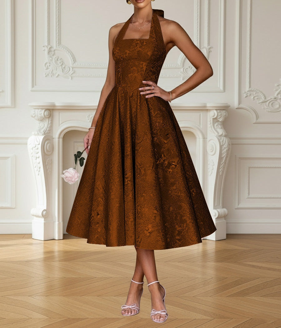 Vintage A Line Halter Midi Prom Dresses with Floral Jacquard