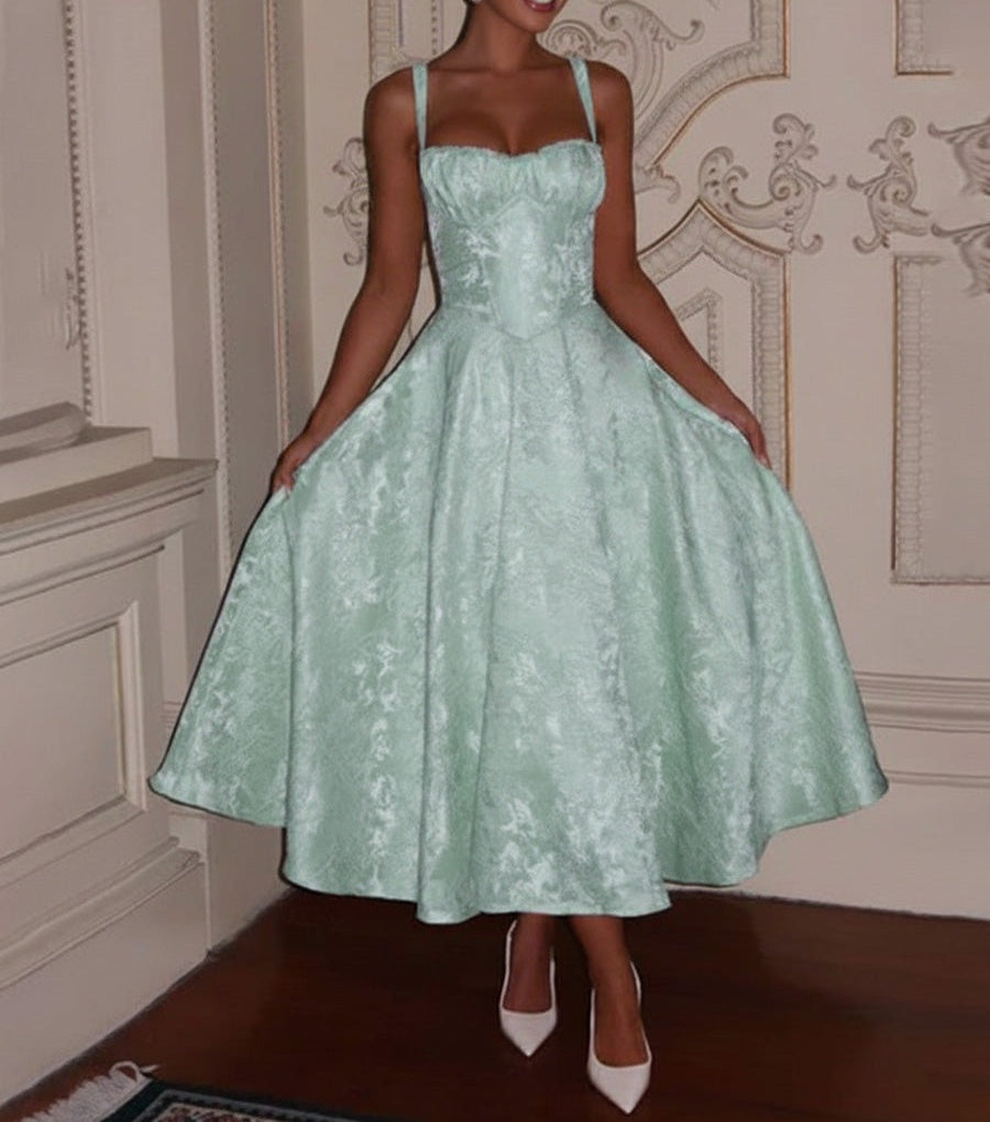 Y2K Spaghetti Strap Midi Prom Dresses with Floral Jacquard