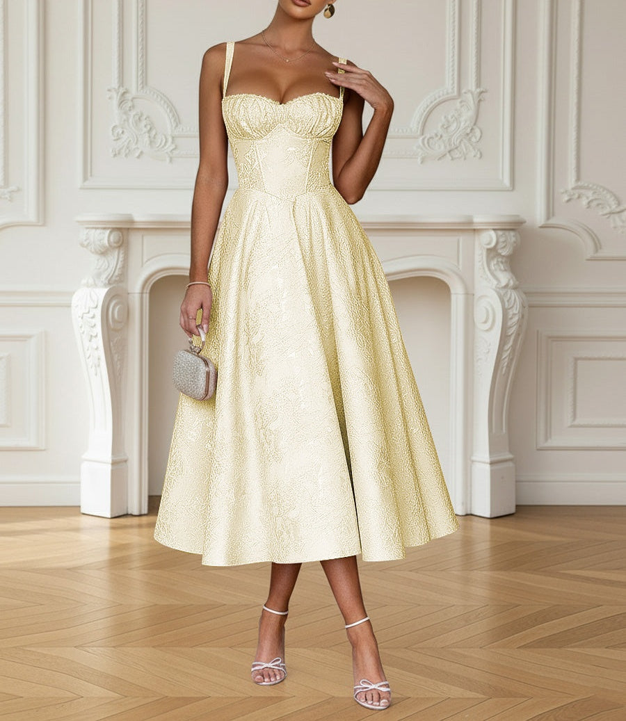 Y2K Spaghetti Strap Midi Prom Dresses with Floral Jacquard