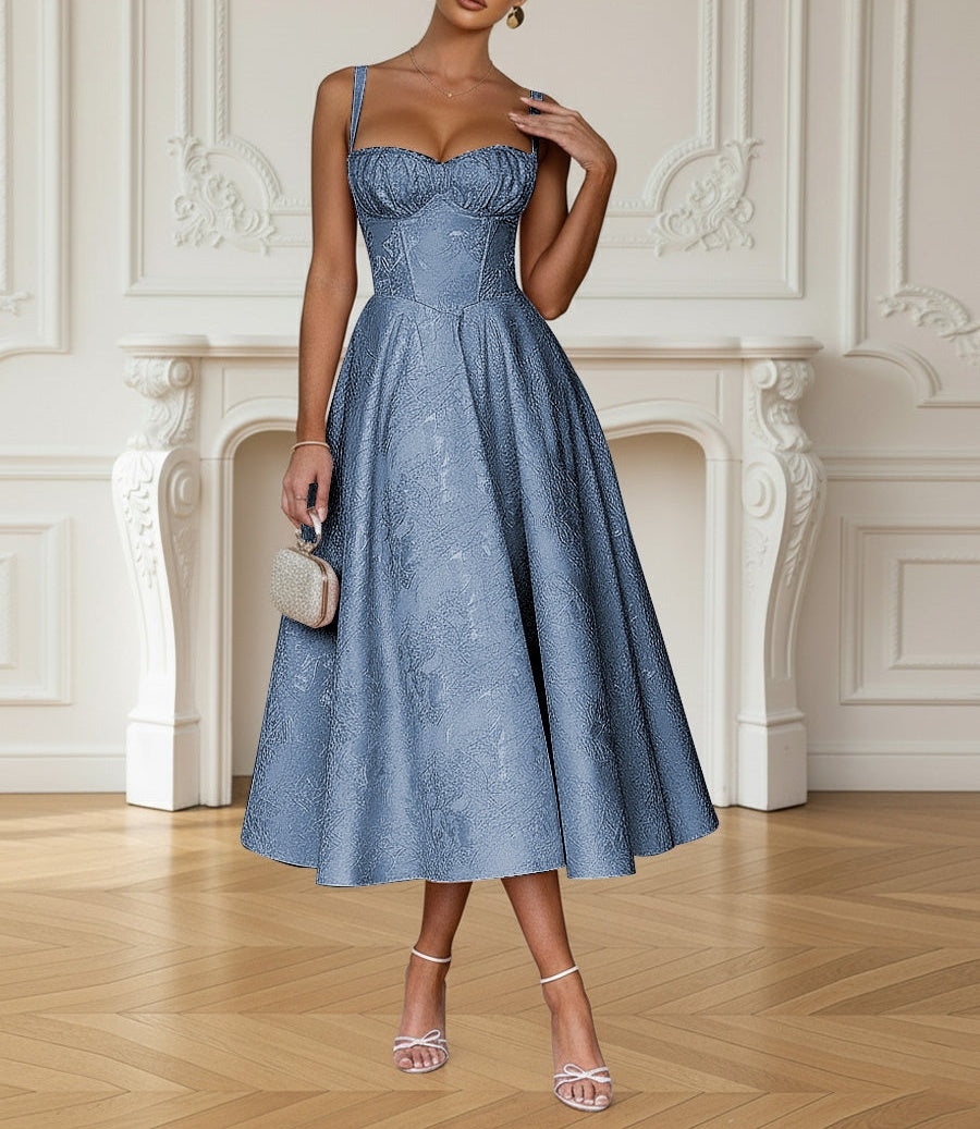 Y2K Spaghetti Strap Midi Prom Dresses with Floral Jacquard