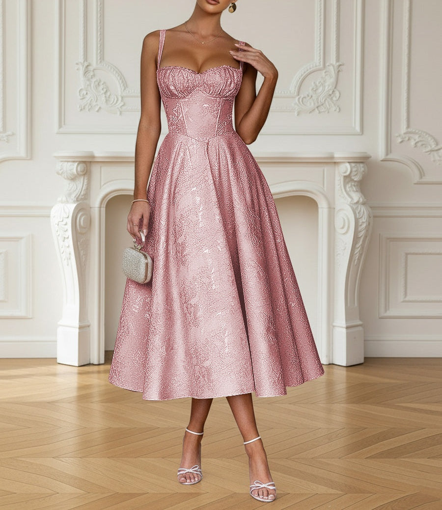 Y2K Spaghetti Strap Midi Prom Dresses with Floral Jacquard