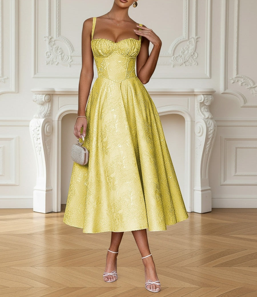 Y2K Spaghetti Strap Midi Prom Dresses with Floral Jacquard