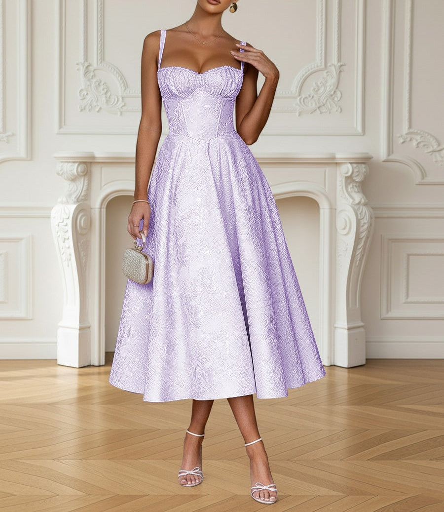 Y2K Spaghetti Strap Midi Prom Dresses with Floral Jacquard